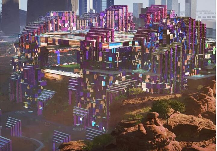 Inside futuristic Minecraft stadium built on a cliff and covered with LED screens that could host 2034 World Cup games