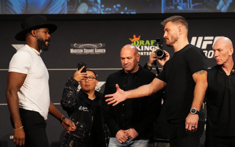 Jon Jones confuses Stipe Miocic with six-word threat in first UFC 309 face-off after refusing hand shake