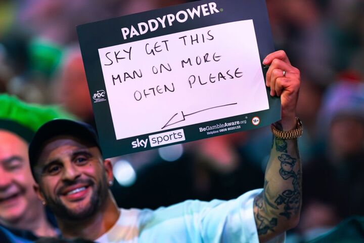 Kyle Walker tells Sky Sports ‘get this man on more often’ as he sits next to ex-Prem star at world Darts Championship