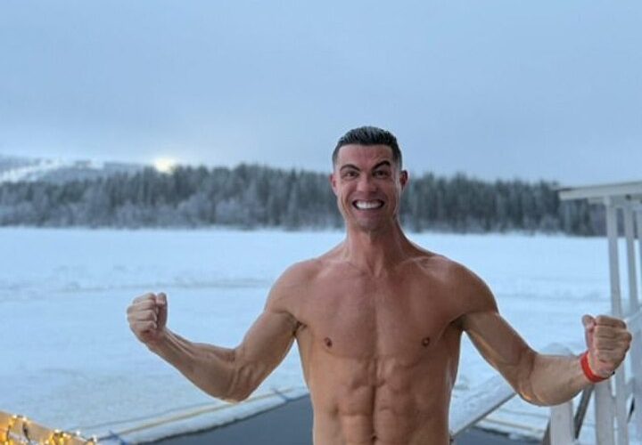 Cristiano Ronaldo strips down to his shorts in the snow in Lapland