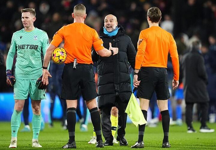 Pep confronts referee Rob Jones as City rage over controversial Lewis red card