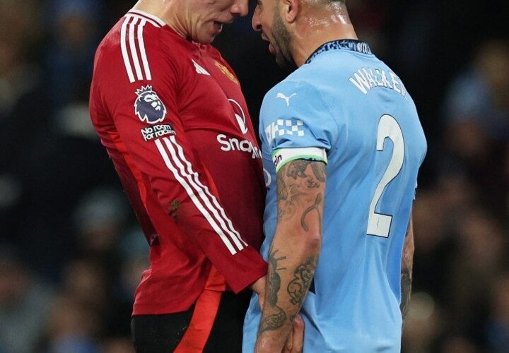 Fuming Maguire confronts Kyle Walker in huge row as derby descends into chaos