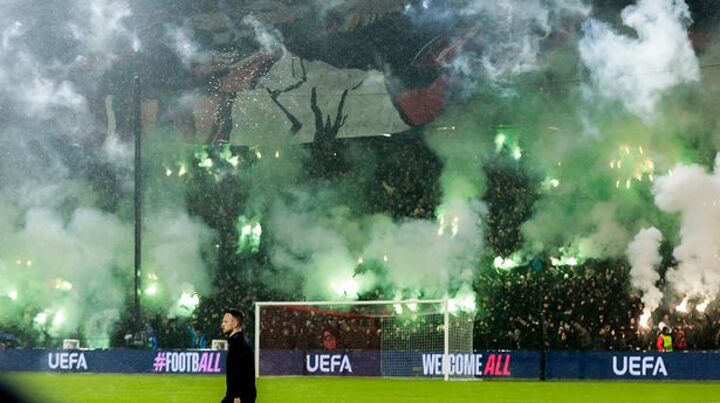 Champions League match suspended after seconds with players unable to see amid crowd chaos