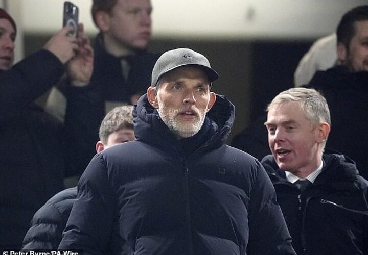 Thomas Tuchel is pictured at Anfield as he watches Liverpool vs Man United