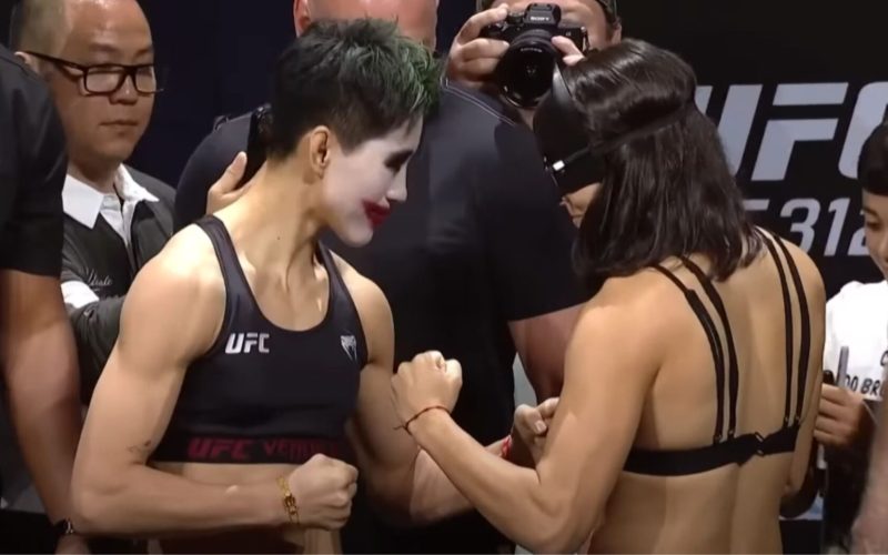 ‘Joker and Batman’ face off at UFC weigh-ins as Wang Cong and Bruna Brasil don superhero personas