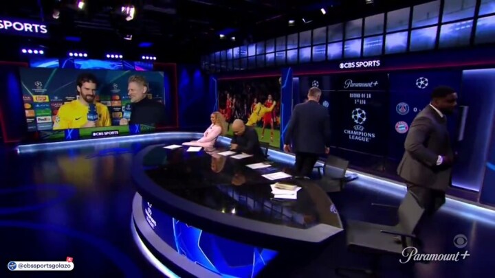 Jamie Carragher and Micah Richards walk off CBS Sports set after Liverpool hero Alisson’s post-match interview