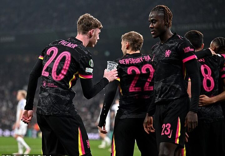 Cole Palmer celebrates Chelsea goal in victory over FC Copenhagen with a BEER